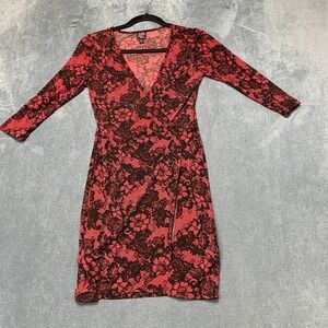 Bebe Wrap Dress Women's Small Red Black Floral Print Stretch V-Neck Pullover